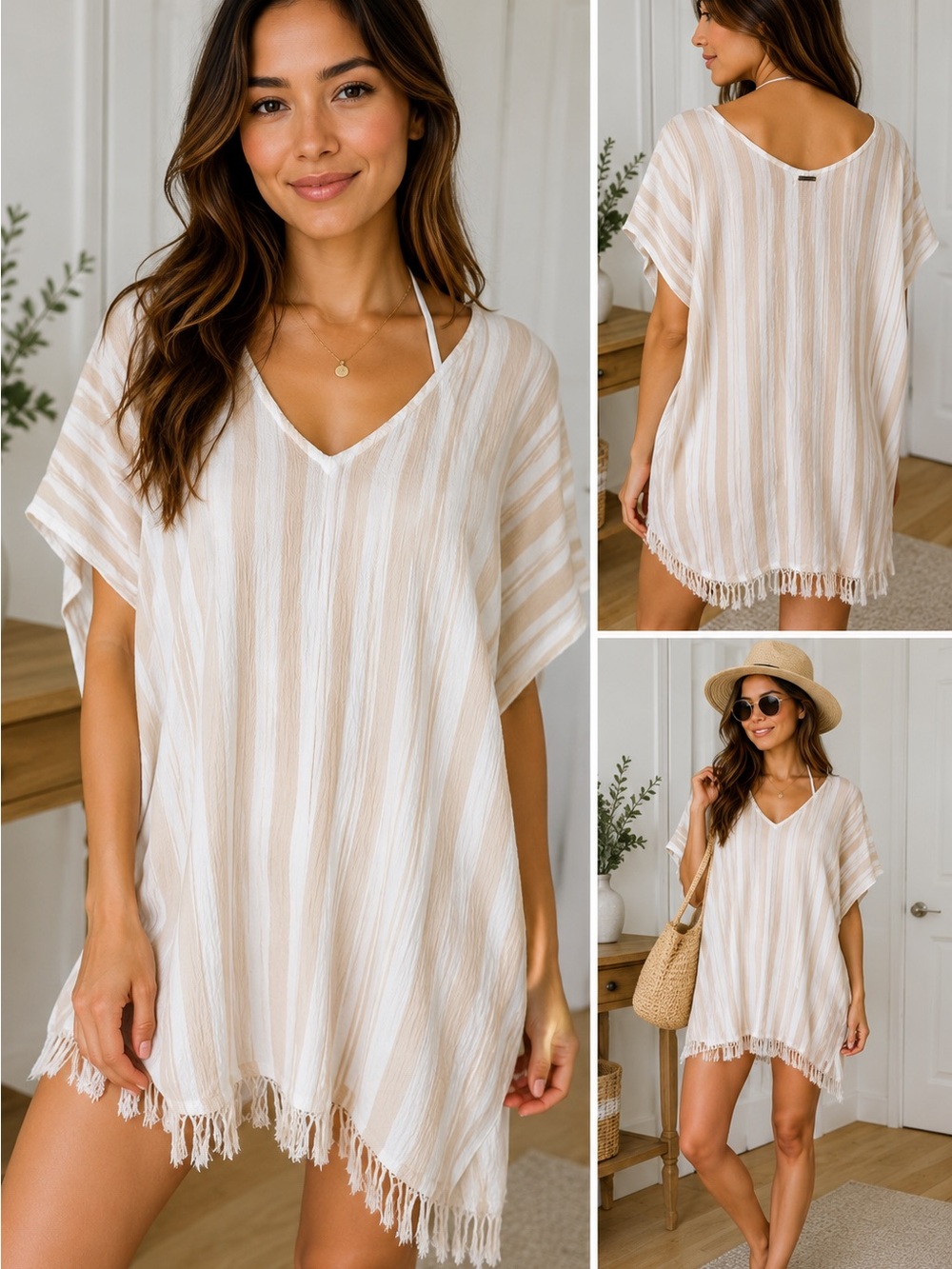 Billabong Ivory Gauze Swimwear Cover Up   S/M | Fringe Hem Boho Beach Kaftan